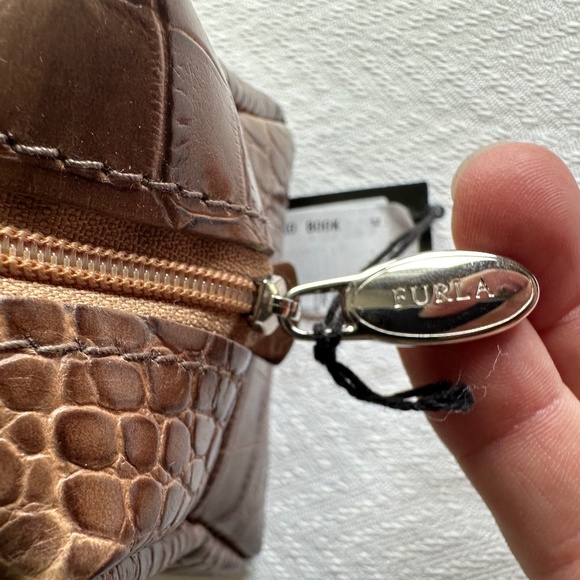 Furla Cross Embossed Makeup Bag/Case, Dark Camel/Taupe - Picture 4 of 7